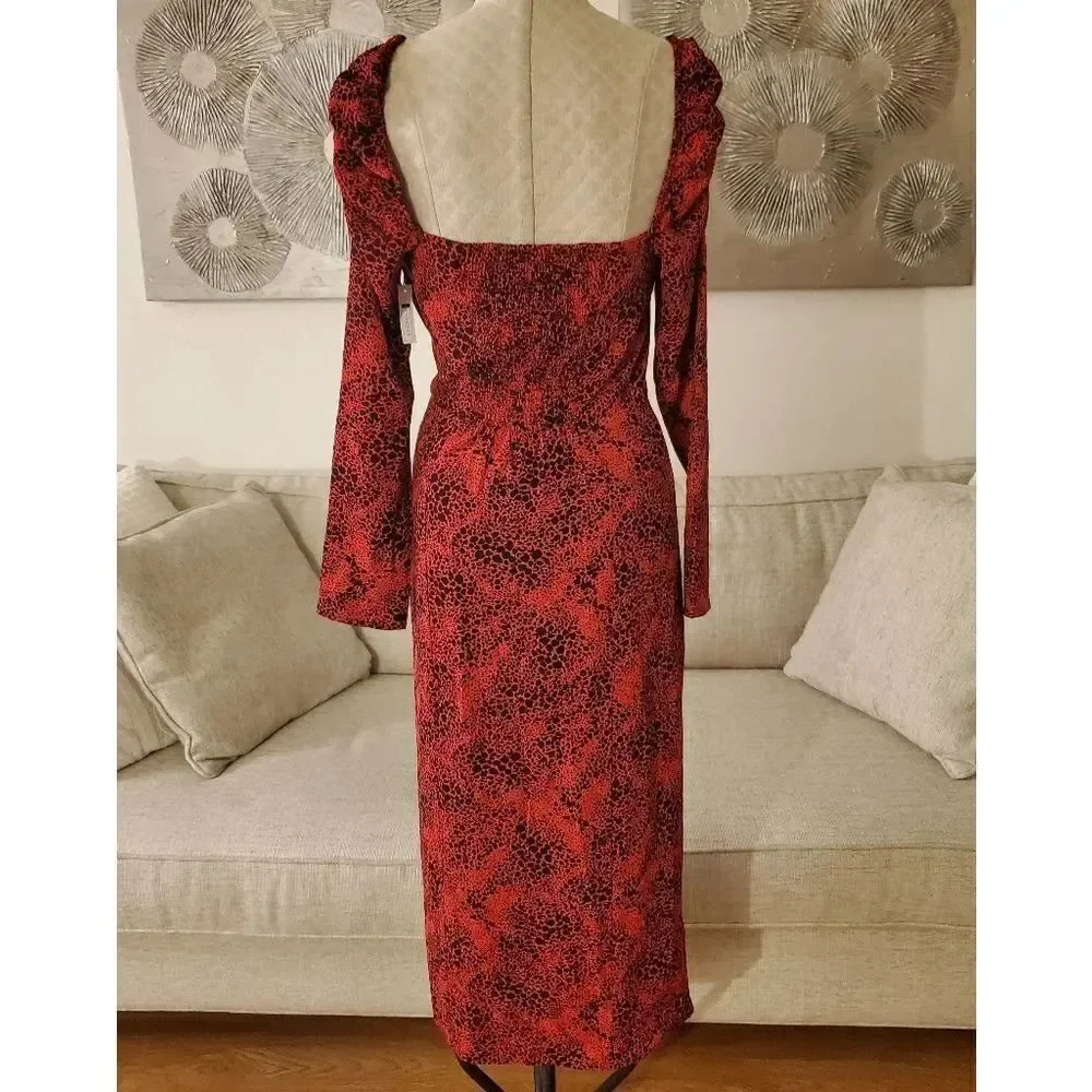 Leith Red Spatter Print Square Neck Midi Dress size Small - NEW